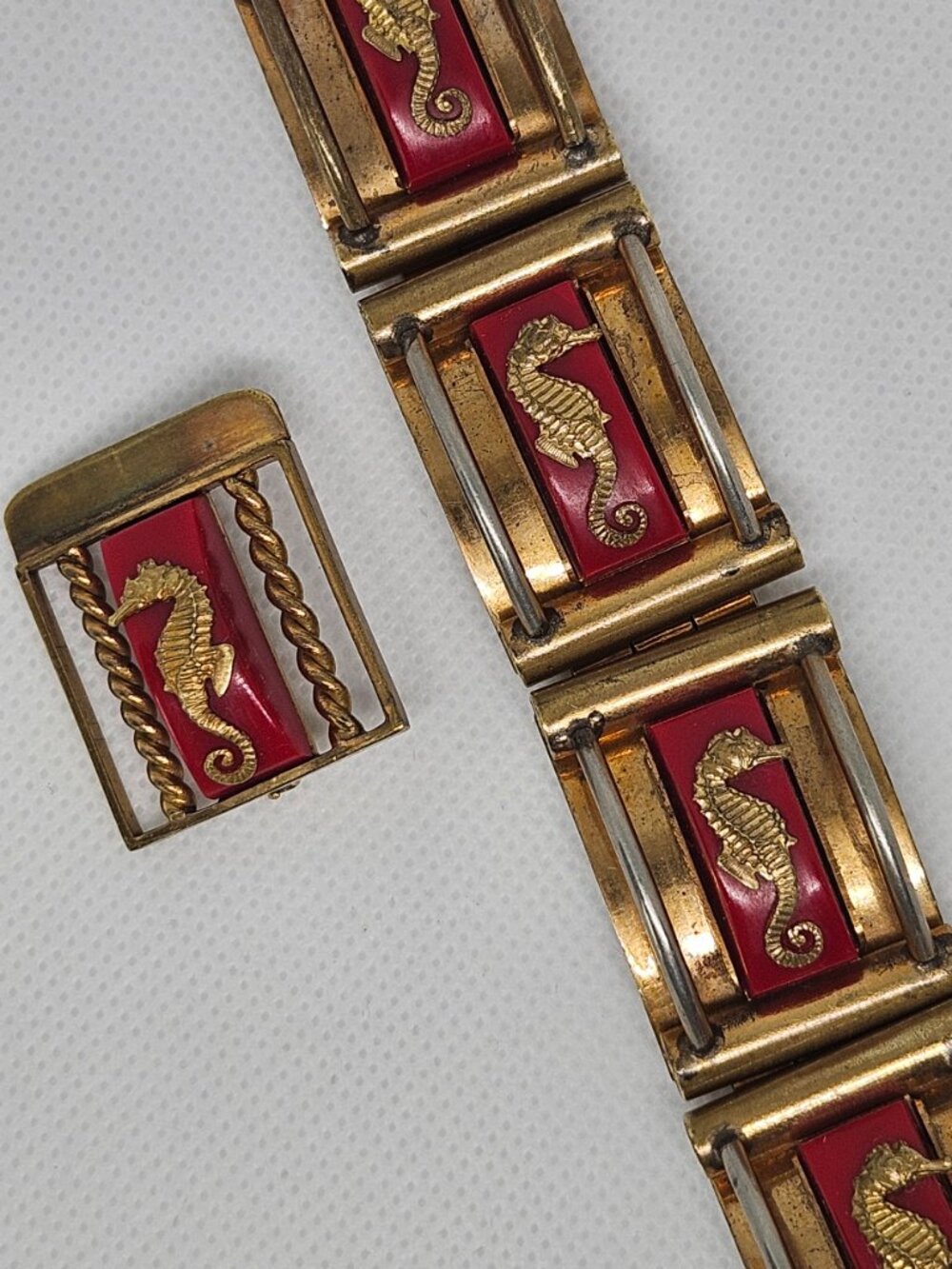 Vintage Bakelite France Jean Painleve Seahorse panel bracelet & pin set 1930's